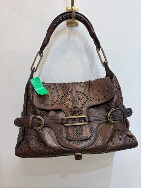 JIMMY CHOO Brown Leather Studded Shoulder Bag with Brass Hardware